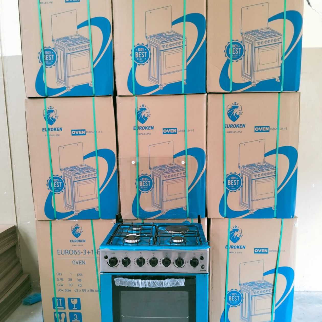 60*65 Euroken  3+1 standing cooker with electric double heater oven ,timer,light and auto ignation with 1 year warrant