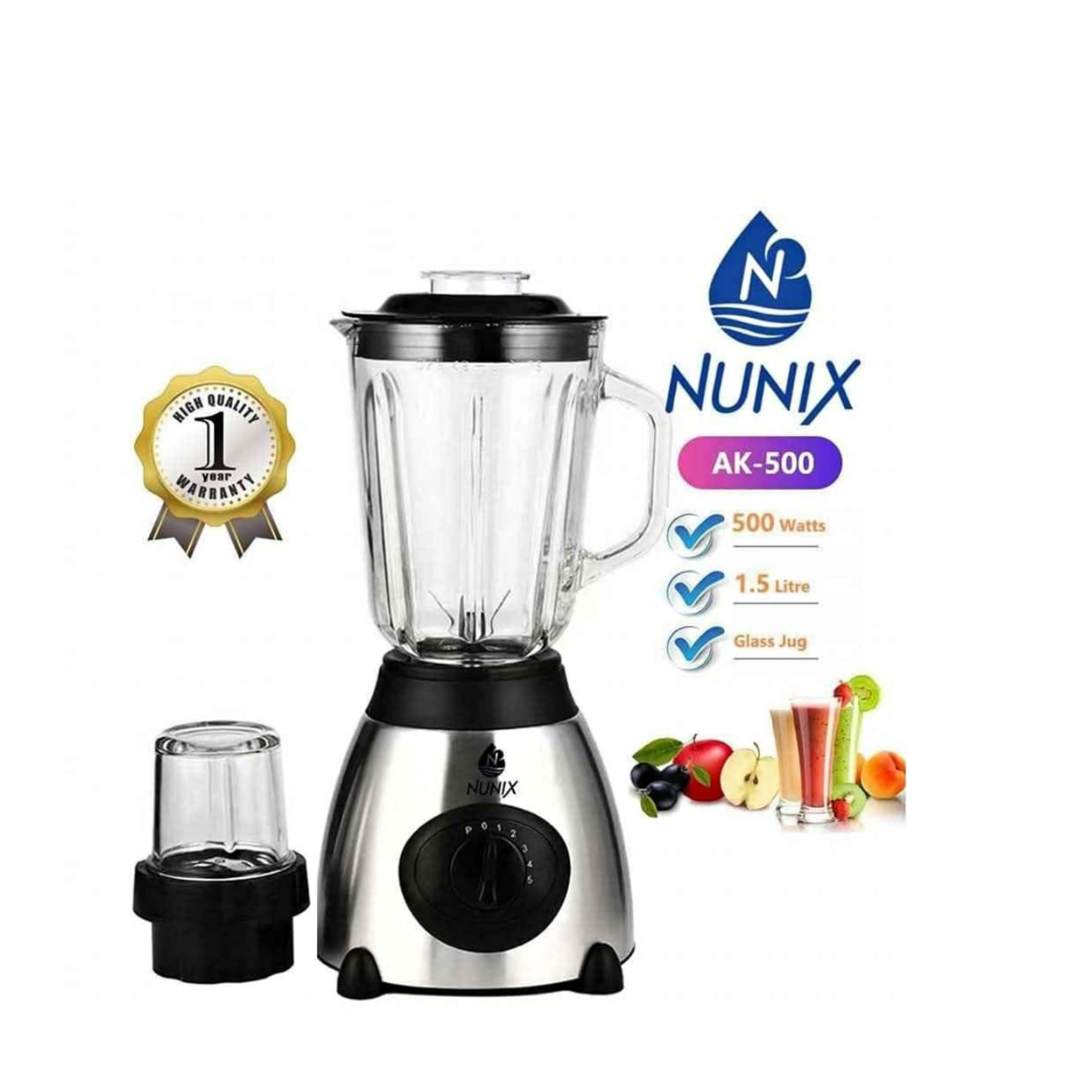 Nunix AK-500 Powerful 2 In 1 Blender With Glass Jar - 1.5L