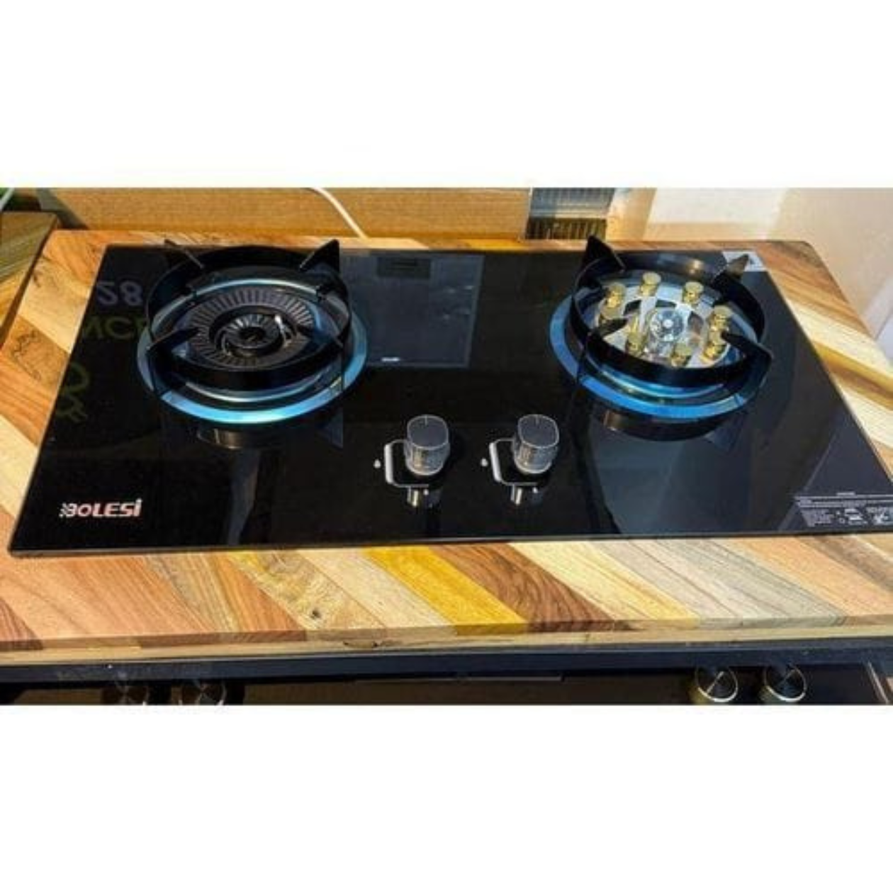 Bolesi hob 2 burners with sensor and wok burner inbuilt glass tampared gas hod