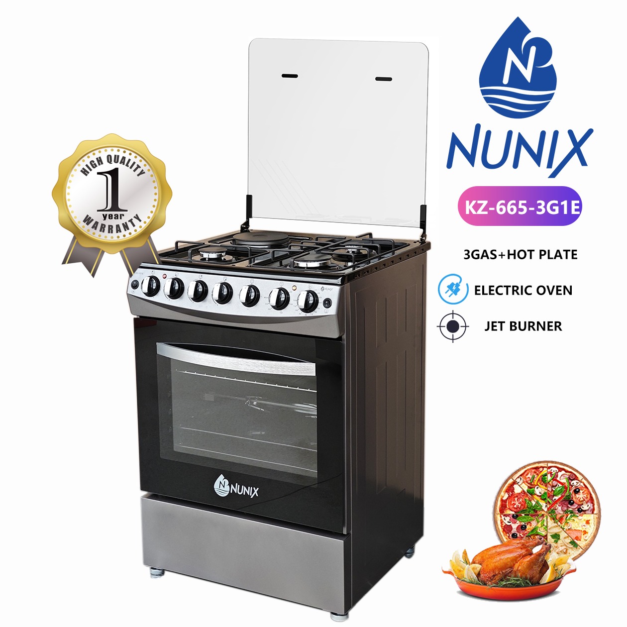 new model Nunix big 60×65 3+1 Freestanding cooker with electric oven and Jet Valve